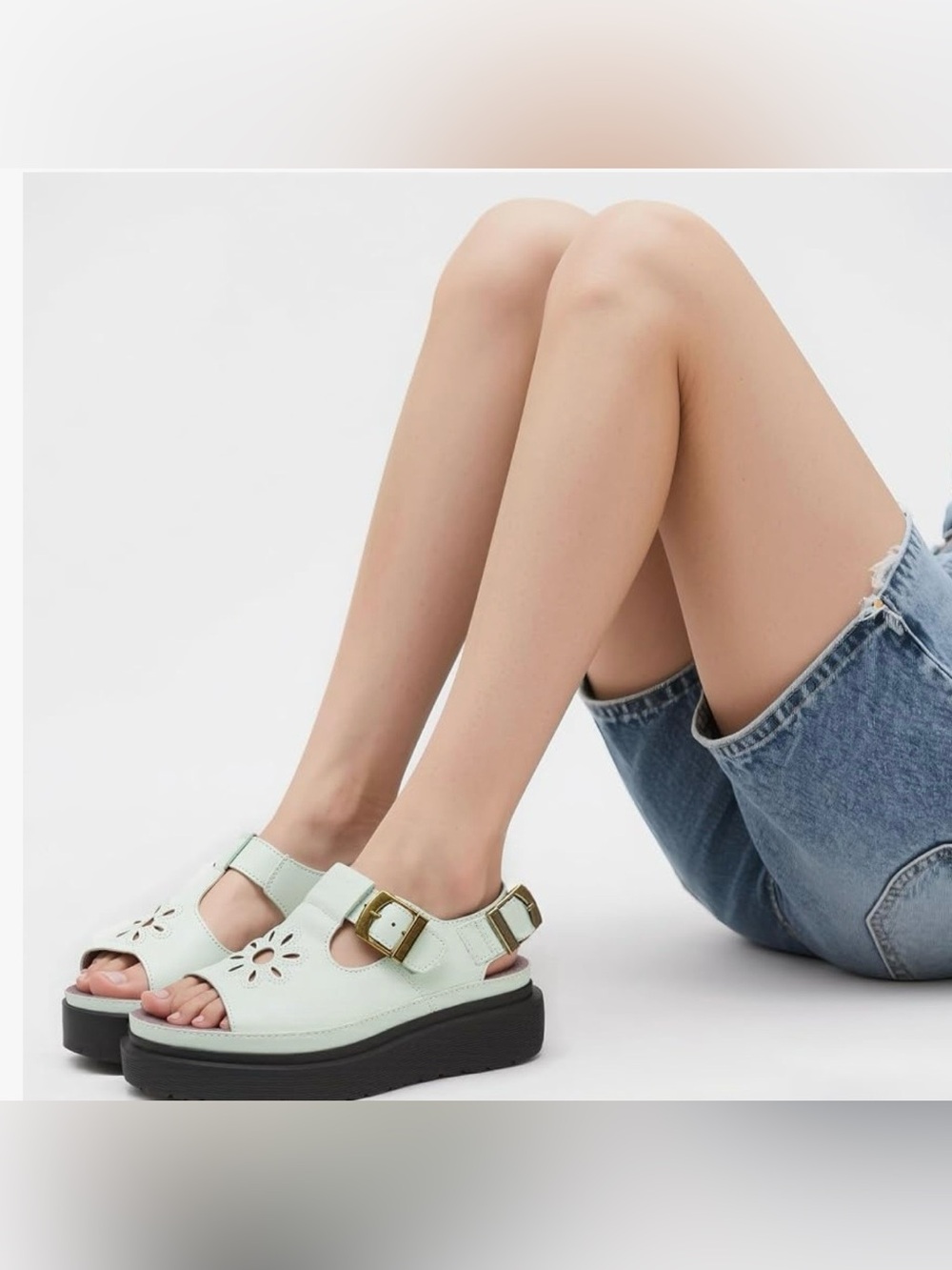 Boutique|Pastel Mint Buckle Chunky Platform Sandals,Faux leather cutout Flower•
